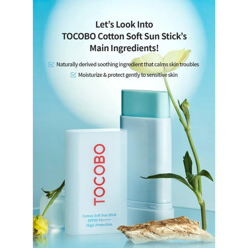 TOCOBO Cotton Soft Sun Stick SPF50+ PA++++ - 19g - Lightweight Sunscreen Stick for Face