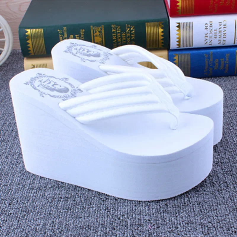 Bohemian Women's Thong Slippers 11cm Thick Heel Anti-Slip Summer Beach Sandals Fashionable Korean Style Flat Footwear