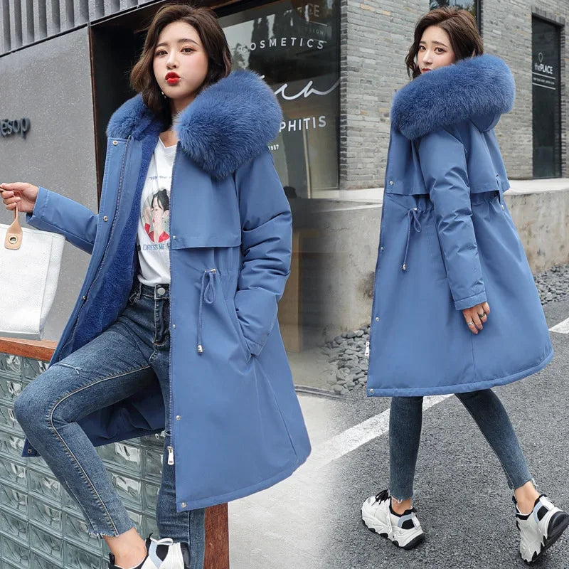 Winter Parka 2024 New Women Jacket Clothes Long Coat Wool Liner Hooded Jacket Fur Collar Thick Warm Snow Wear Fashion Parka