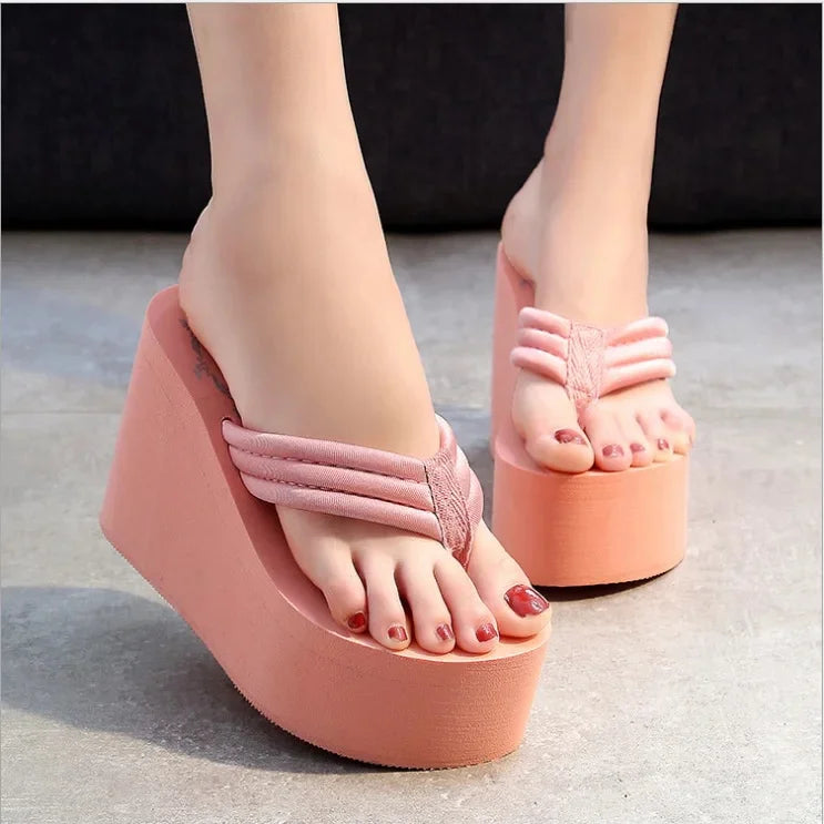 Bohemian Women's Thong Slippers 11cm Thick Heel Anti-Slip Summer Beach Sandals Fashionable Korean Style Flat Footwear