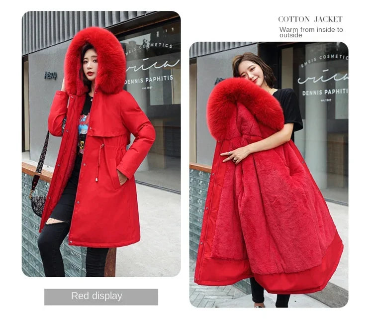 Winter Parka 2024 New Women Jacket Clothes Long Coat Wool Liner Hooded Jacket Fur Collar Thick Warm Snow Wear Fashion Parka