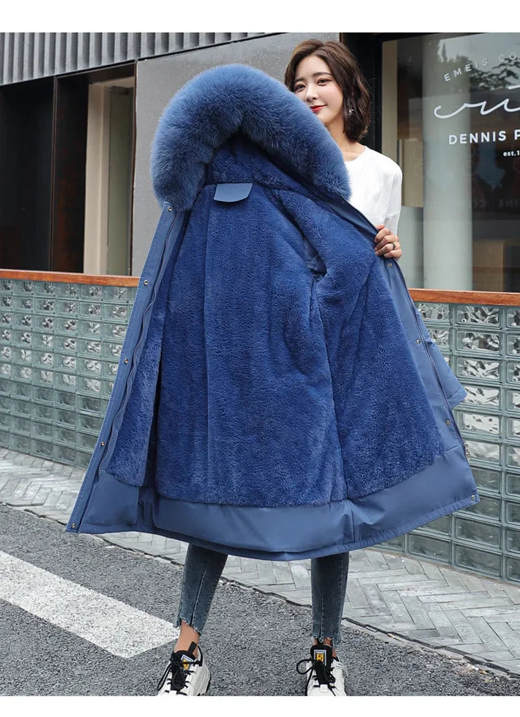 Winter Parka 2024 New Women Jacket Clothes Long Coat Wool Liner Hooded Jacket Fur Collar Thick Warm Snow Wear Fashion Parka