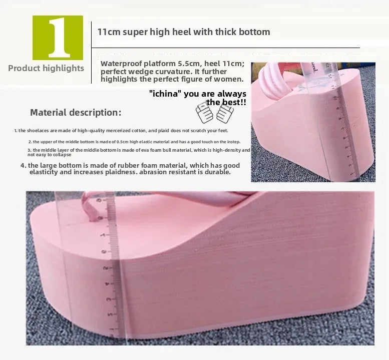 Bohemian Women's Thong Slippers 11cm Thick Heel Anti-Slip Summer Beach Sandals Fashionable Korean Style Flat Footwear