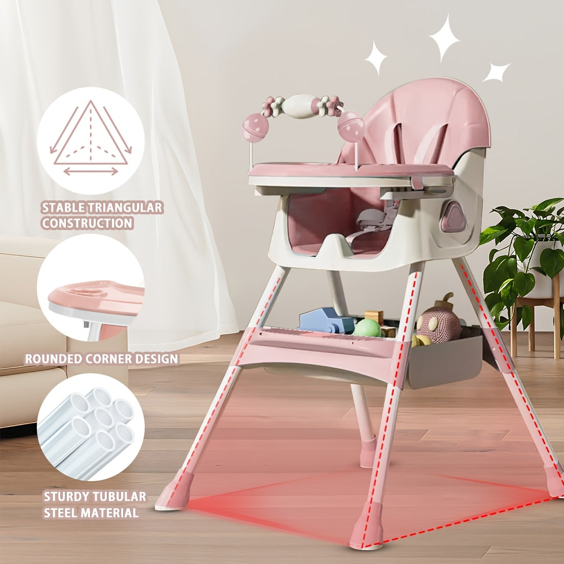 Adjustable Portable Dining Chair with 5-Point Harness, Tray Table & Wheels - Heavy-Duty Multi-Functional Eat, Play & Activity Seat with Storage Pocket, Safety Belt & Easy-Clean Surface - Ideal Christmas/Halloween Gift (Grey/P