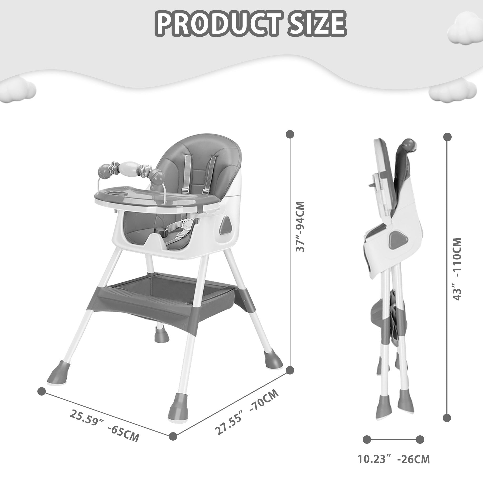 Adjustable Portable Dining Chair with 5-Point Harness, Tray Table & Wheels - Heavy-Duty Multi-Functional Eat, Play & Activity Seat with Storage Pocket, Safety Belt & Easy-Clean Surface - Ideal Christmas/Halloween Gift (Grey/P