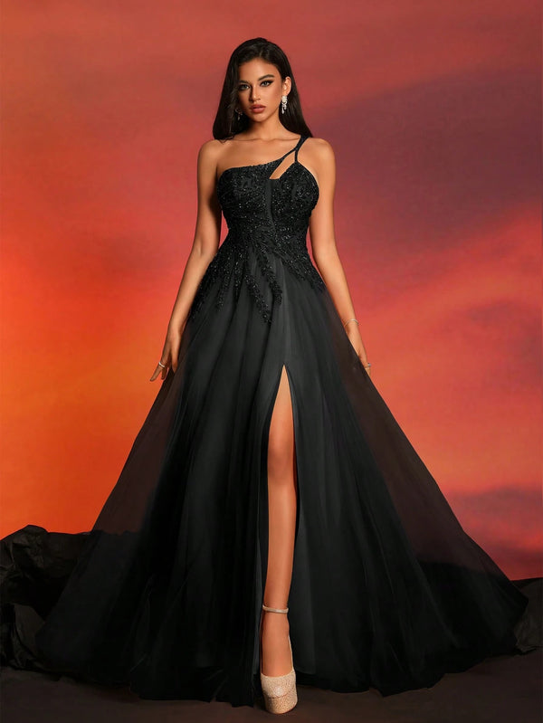 Women's Elegant Asymmetrical Neckline Sleeveless Long Evening Dress