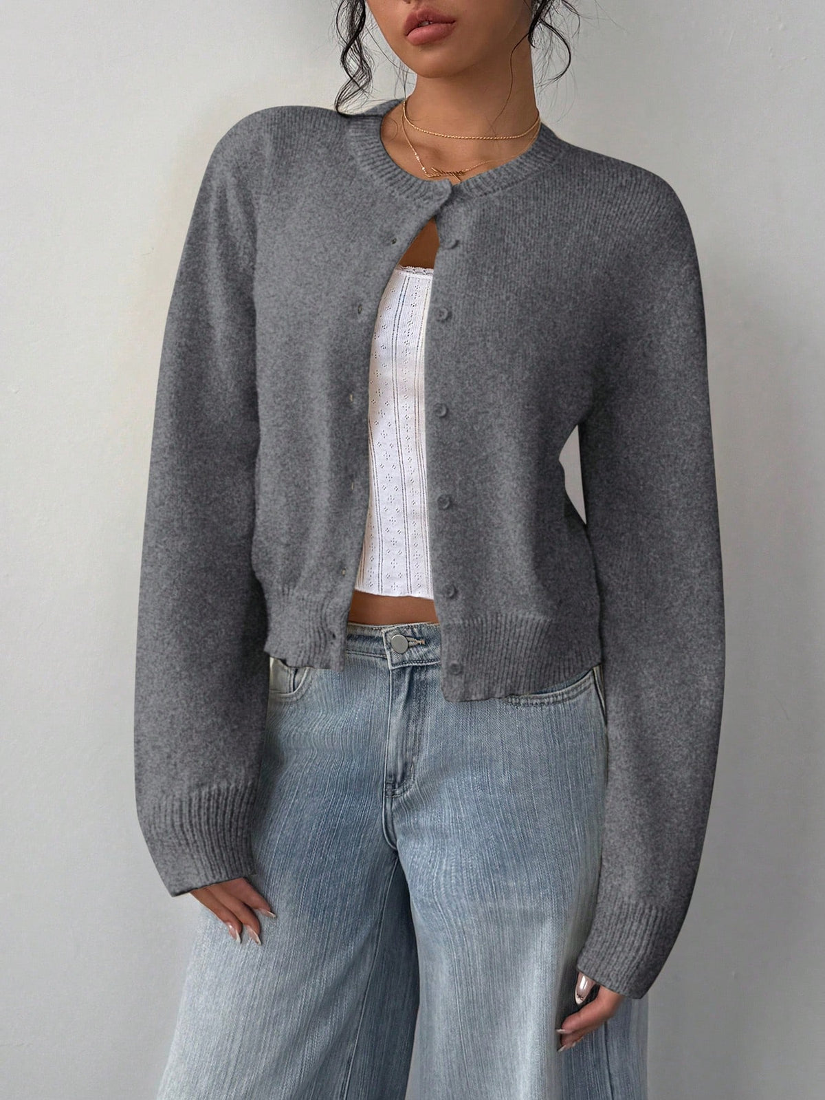 Women's Casual Round Neck Long Sleeve Loose Cropped Cardigan Sweater