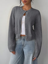 Women's Casual Round Neck Long Sleeve Loose Cropped Cardigan Sweater