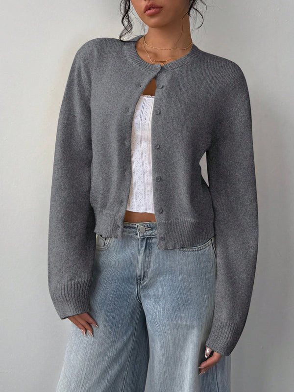 Women's Casual Round Neck Long Sleeve Loose Cropped Cardigan Sweater