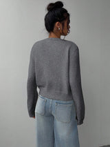 Women's Casual Round Neck Long Sleeve Loose Cropped Cardigan Sweater