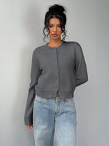 Women's Casual Round Neck Long Sleeve Loose Cropped Cardigan Sweater