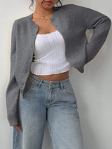 Women's Casual Round Neck Long Sleeve Loose Cropped Cardigan Sweater
