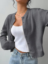 Women's Casual Round Neck Long Sleeve Loose Cropped Cardigan Sweater