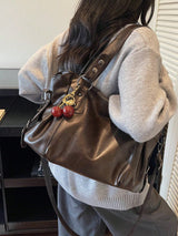 Women's Elegant Solid Color PU Leather Handbag with Cherry Pendant