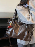 Women's Elegant Solid Color PU Leather Handbag with Cherry Pendant