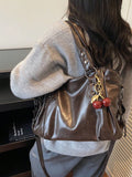 Women's Elegant Solid Color PU Leather Handbag with Cherry Pendant