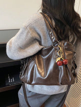 Women's Elegant Solid Color PU Leather Handbag with Cherry Pendant
