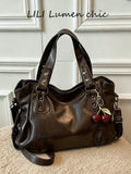 Women's Elegant Solid Color PU Leather Handbag with Cherry Pendant