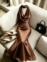 Women's Elegant Solid Color Halter Neck Mermaid Hem Long Dress
