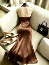 Women's Elegant Solid Color Halter Neck Mermaid Hem Long Dress