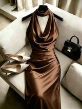 Women's Elegant Solid Color Halter Neck Mermaid Hem Long Dress