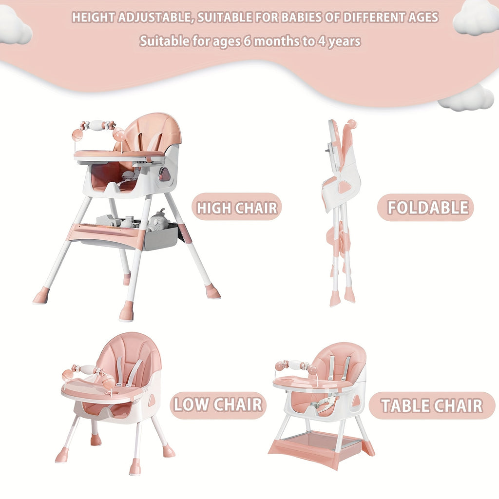 Adjustable Portable Dining Chair with 5-Point Harness, Tray Table & Wheels - Heavy-Duty Multi-Functional Eat, Play & Activity Seat with Storage Pocket, Safety Belt & Easy-Clean Surface - Ideal Christmas/Halloween Gift (Grey/P