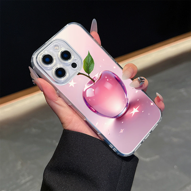 Lightweight Shockproof Anti-Yellowing Apple Themed Transparent Magnetic Phone Case for iPhone 16 Pro Max 16e 15 Plus 14 13 12 11 XS Max XR X Crystal Clear Cover with Pink Apple Design Durable Protective Shell