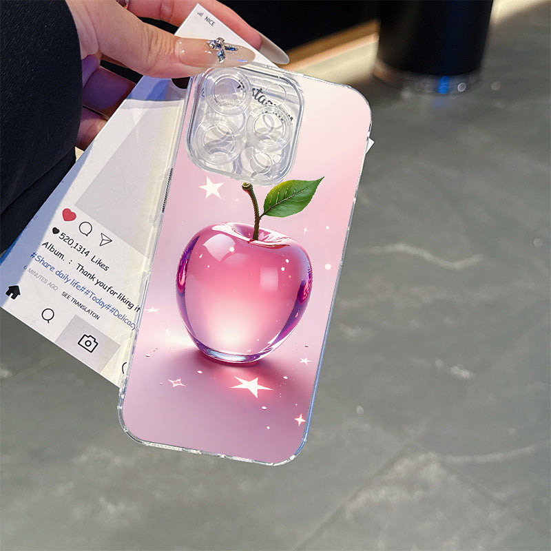 Lightweight Shockproof Anti-Yellowing Apple Themed Transparent Magnetic Phone Case for iPhone 16 Pro Max 16e 15 Plus 14 13 12 11 XS Max XR X Crystal Clear Cover with Pink Apple Design Durable Protective Shell