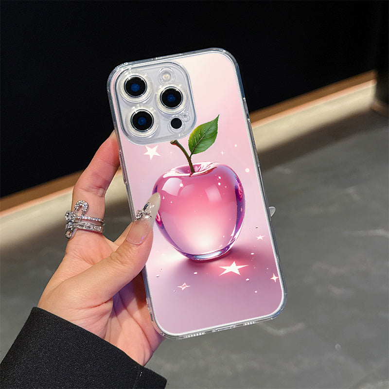 Lightweight Shockproof Anti-Yellowing Apple Themed Transparent Magnetic Phone Case for iPhone 16 Pro Max 16e 15 Plus 14 13 12 11 XS Max XR X Crystal Clear Cover with Pink Apple Design Durable Protective Shell