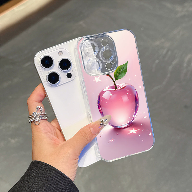 Lightweight Shockproof Anti-Yellowing Apple Themed Transparent Magnetic Phone Case for iPhone 16 Pro Max 16e 15 Plus 14 13 12 11 XS Max XR X Crystal Clear Cover with Pink Apple Design Durable Protective Shell