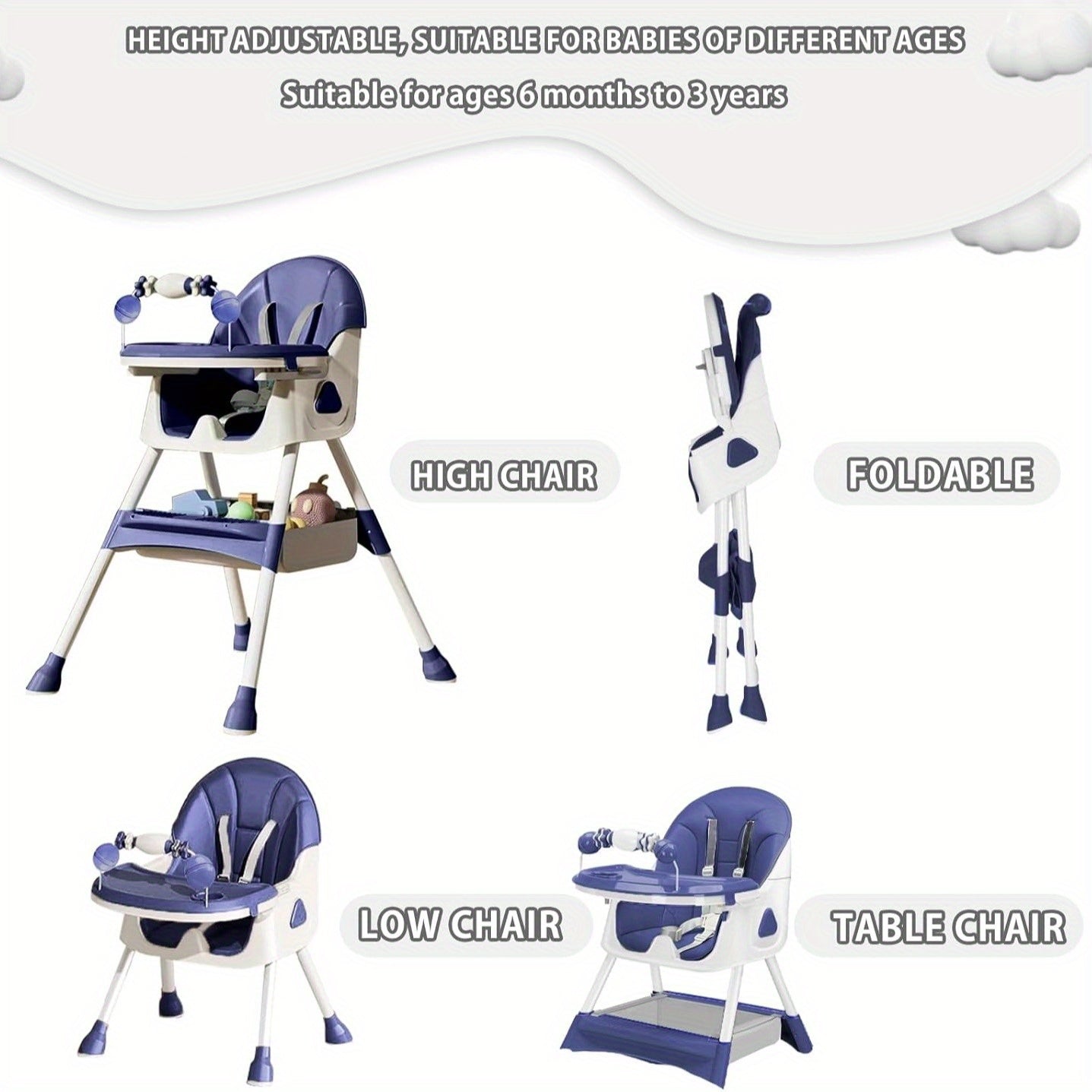 Adjustable Portable Dining Chair with 5-Point Harness, Tray Table & Wheels - Heavy-Duty Multi-Functional Eat, Play & Activity Seat with Storage Pocket, Safety Belt & Easy-Clean Surface - Ideal Christmas/Halloween Gift (Grey/P