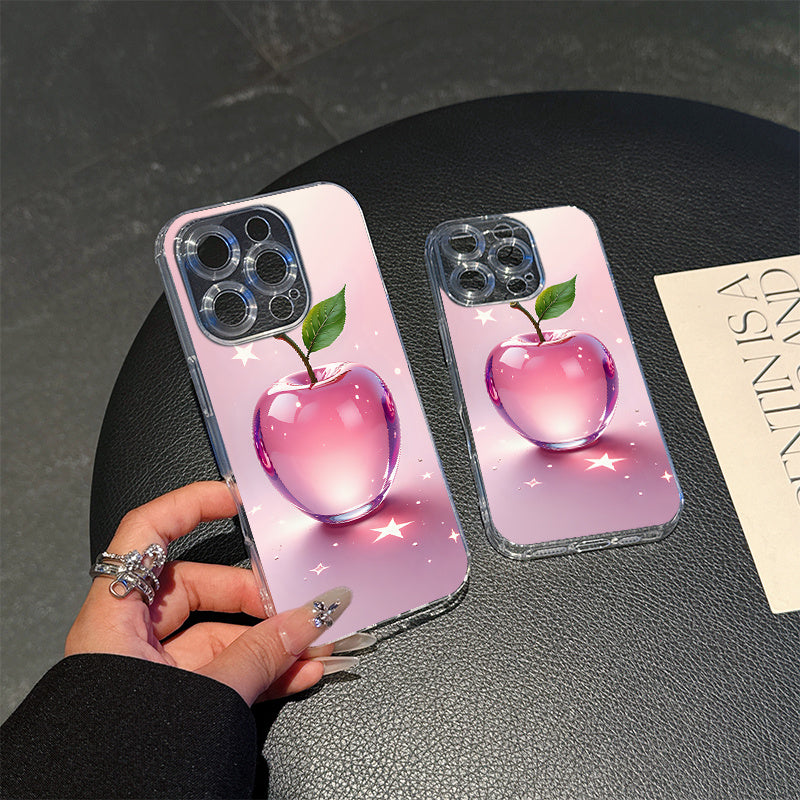 Lightweight Shockproof Anti-Yellowing Apple Themed Transparent Magnetic Phone Case for iPhone 16 Pro Max 16e 15 Plus 14 13 12 11 XS Max XR X Crystal Clear Cover with Pink Apple Design Durable Protective Shell