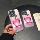 Lightweight Shockproof Anti-Yellowing Apple Themed Transparent Magnetic Phone Case for iPhone 16 Pro Max 16e 15 Plus 14 13 12 11 XS Max XR X Crystal Clear Cover with Pink Apple Design Durable Protective Shell