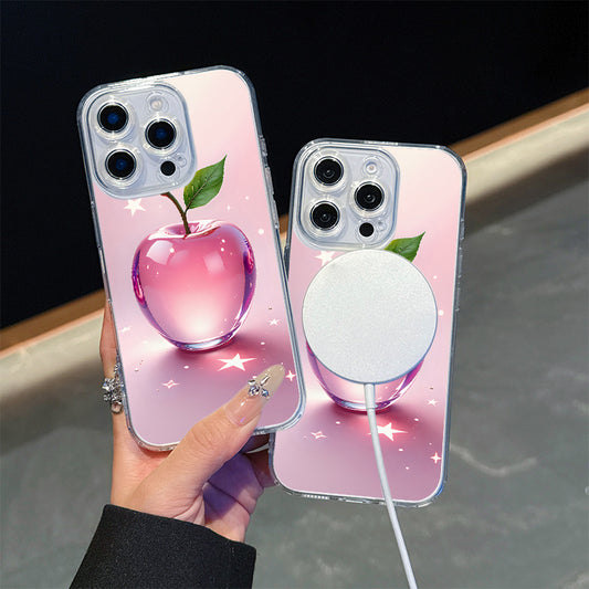 Lightweight Shockproof Anti-Yellowing Apple Themed Transparent Magnetic Phone Case for iPhone 16 Pro Max 16e 15 Plus 14 13 12 11 XS Max XR X Crystal Clear Cover with Pink Apple Design Durable Protective Shell