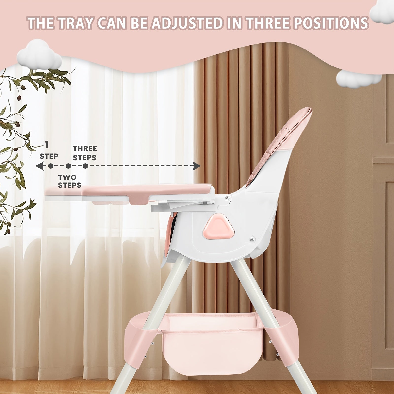 Adjustable Portable Dining Chair with 5-Point Harness, Tray Table & Wheels - Heavy-Duty Multi-Functional Eat, Play & Activity Seat with Storage Pocket, Safety Belt & Easy-Clean Surface - Ideal Christmas/Halloween Gift (Grey/P