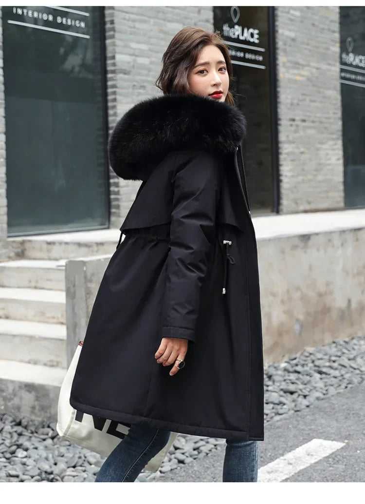 Winter Parka 2024 New Women Jacket Clothes Long Coat Wool Liner Hooded Jacket Fur Collar Thick Warm Snow Wear Fashion Parka