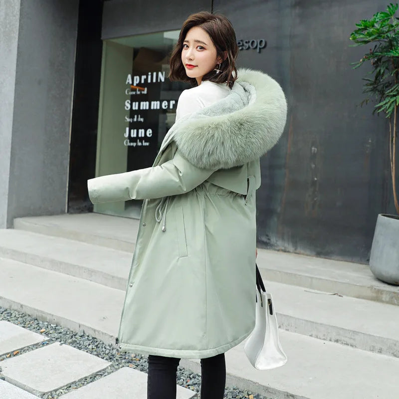 Winter Parka 2024 New Women Jacket Clothes Long Coat Wool Liner Hooded Jacket Fur Collar Thick Warm Snow Wear Fashion Parka