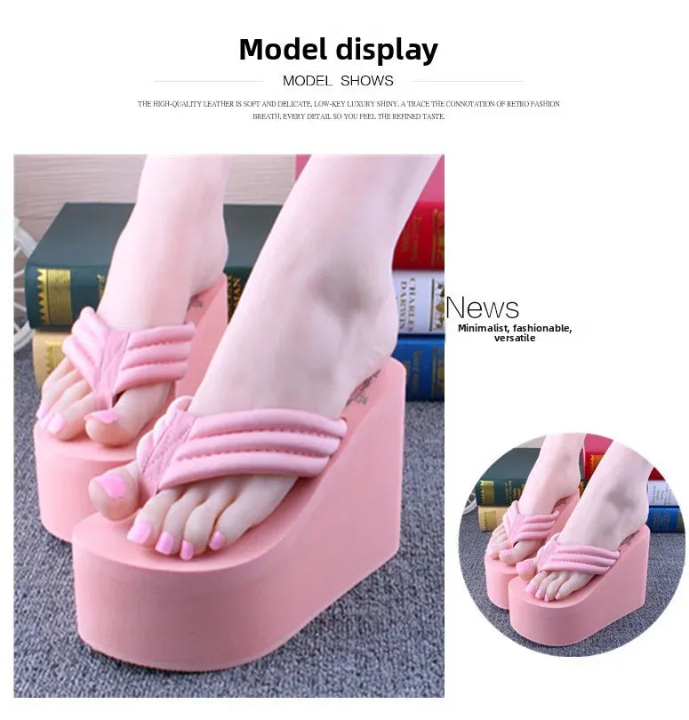 Bohemian Women's Thong Slippers 11cm Thick Heel Anti-Slip Summer Beach Sandals Fashionable Korean Style Flat Footwear