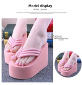 Bohemian Women's Thong Slippers 11cm Thick Heel Anti-Slip Summer Beach Sandals Fashionable Korean Style Flat Footwear