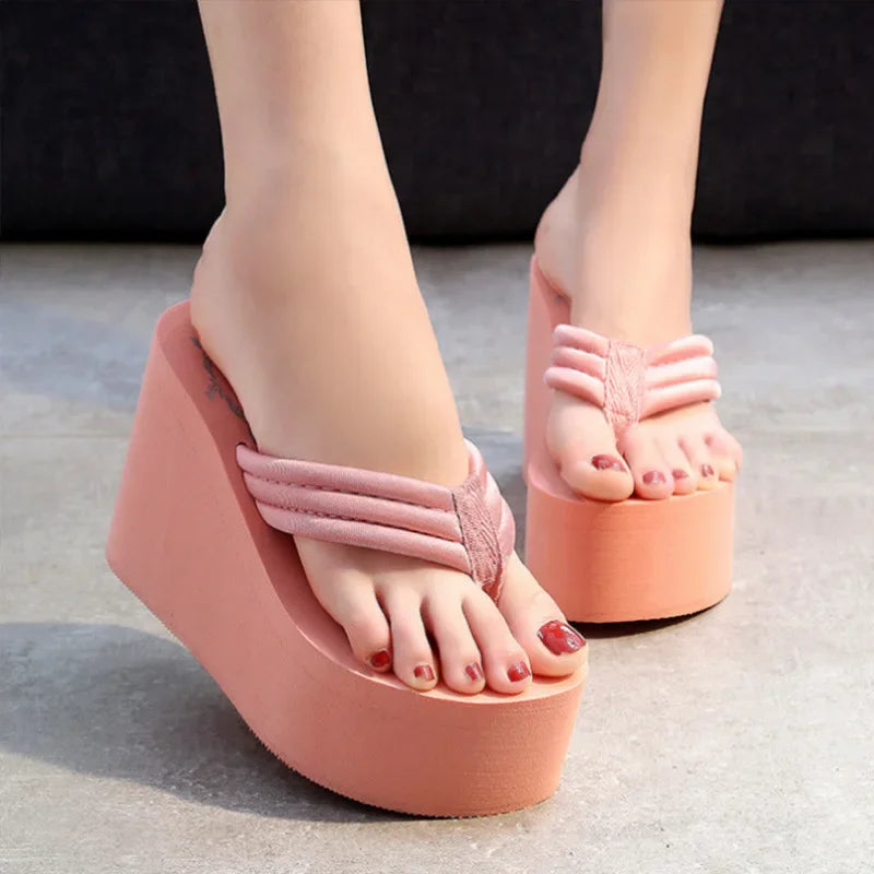 Bohemian Women's Thong Slippers 11cm Thick Heel Anti-Slip Summer Beach Sandals Fashionable Korean Style Flat Footwear