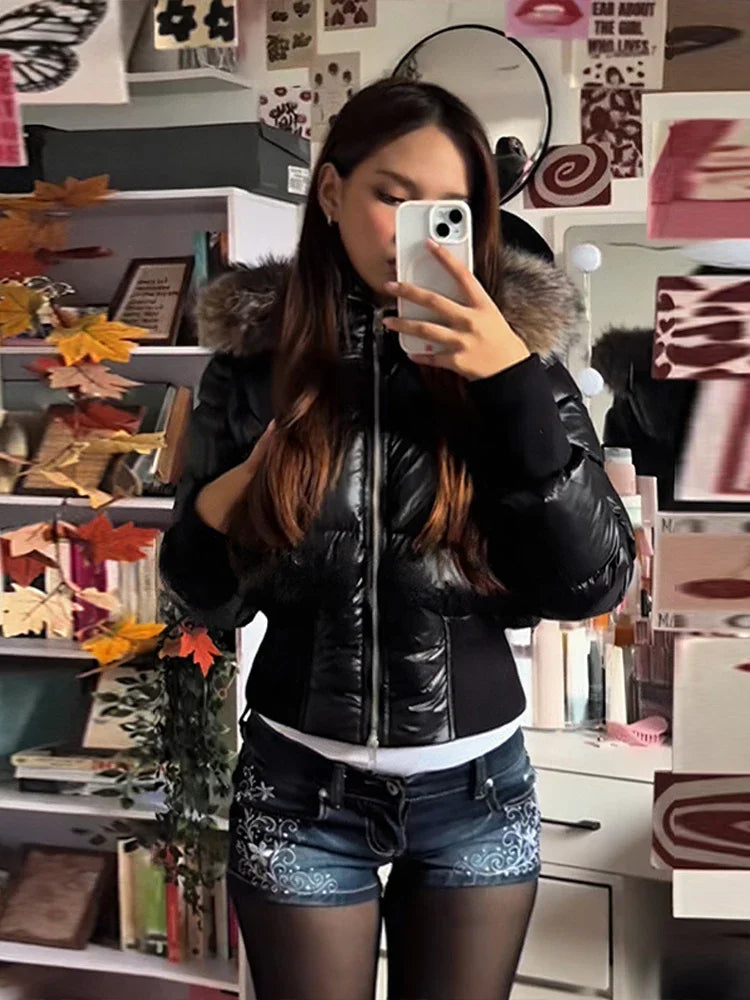 Slim Fit Women's Autumn and Winter Title Seamed Cotton Jacket Faux Fur Collar Long Sleeve Jacket Detachable 2025 New Jacket