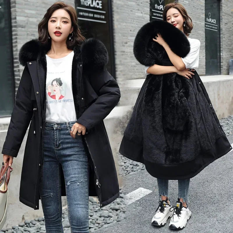 Winter Jacket 2024 New Women Parka Clothes Long Coat Wool Liner Hooded Jacket Fur Collar Thick Warm Snow Wear Fashion Parka