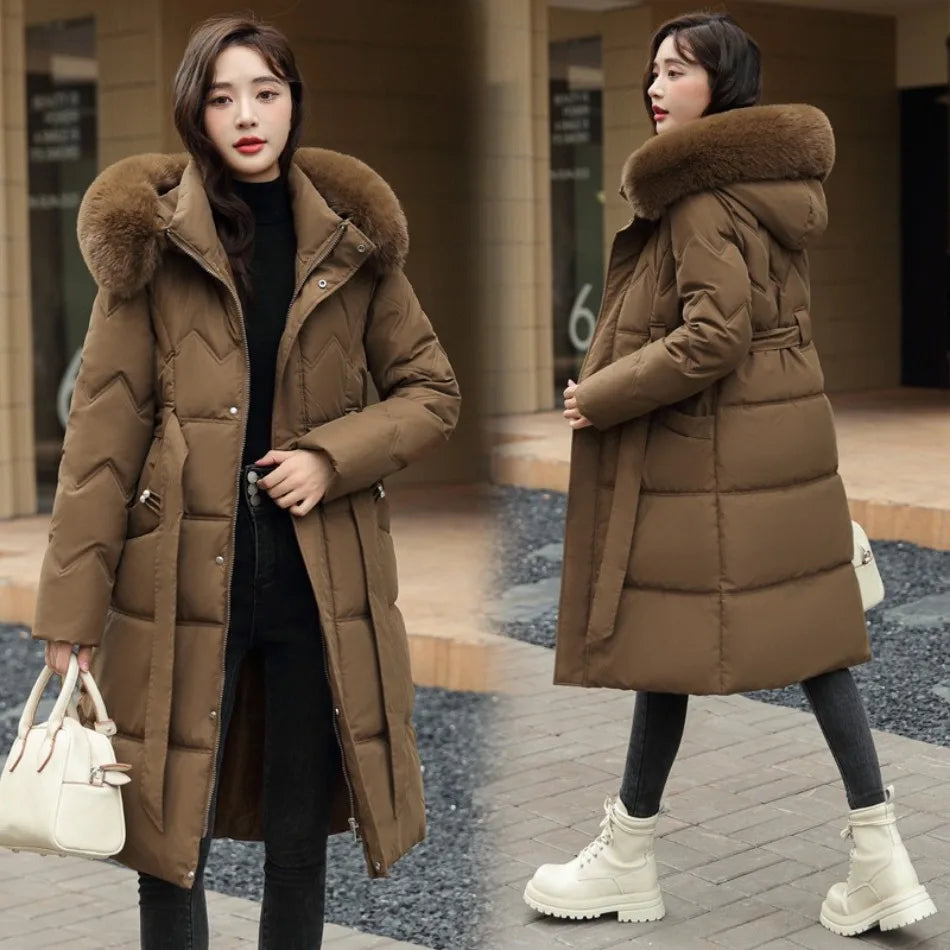 Big Fur Collar Thick Slim Coat Fashion Hooded Cotton Outerwear Long Winter Woman Coat Women's Down Parkas Winter Jacket