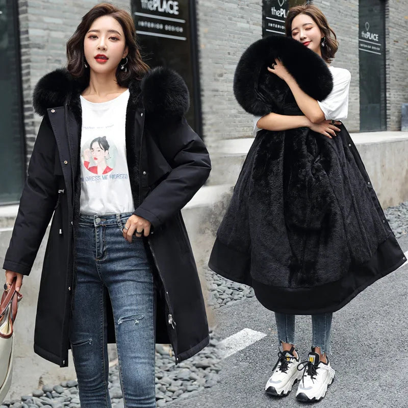 Winter Parka 2024 New Women Jacket Clothes Long Coat Wool Liner Hooded Jacket Fur Collar Thick Warm Snow Wear Fashion Parka