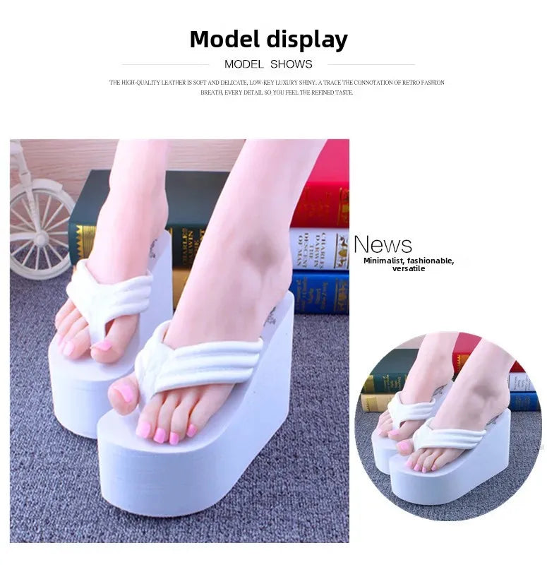 Bohemian Women's Thong Slippers 11cm Thick Heel Anti-Slip Summer Beach Sandals Fashionable Korean Style Flat Footwear