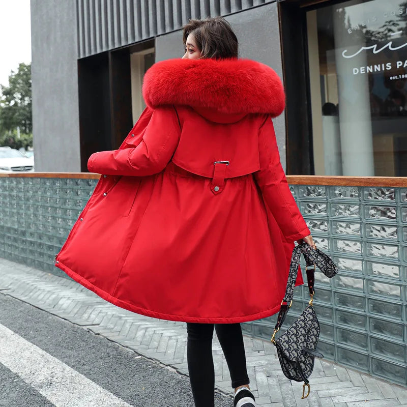 Winter Parka 2024 New Women Jacket Clothes Long Coat Wool Liner Hooded Jacket Fur Collar Thick Warm Snow Wear Fashion Parka