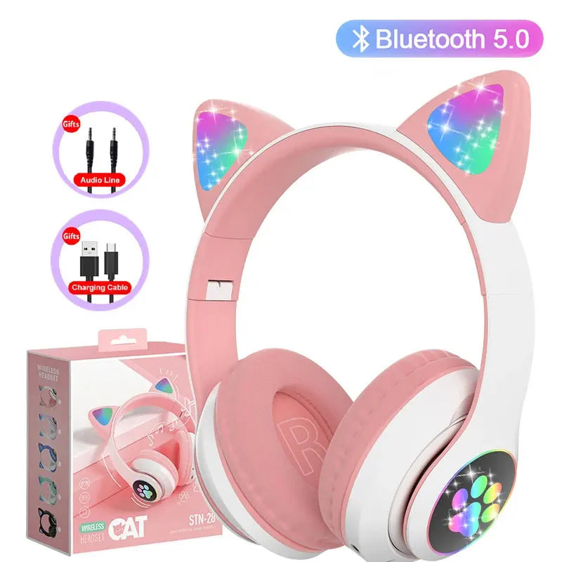 RGB Flash Cat Ear Foldable Wireless Stereo Headphones