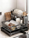 2-Tier Kitchen Countertop Dish Drying Rack with Drainer Utensil Holder
