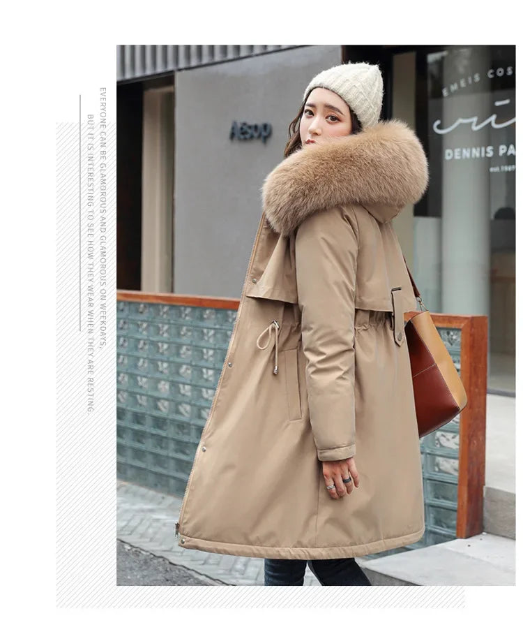Winter Parka 2024 New Women Jacket Clothes Long Coat Wool Liner Hooded Jacket Fur Collar Thick Warm Snow Wear Fashion Parka