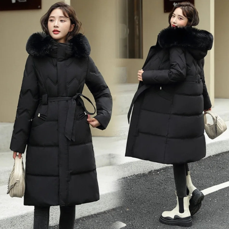 Big Fur Collar Thick Slim Coat Fashion Hooded Cotton Outerwear Long Winter Woman Coat Women's Down Parkas Winter Jacket